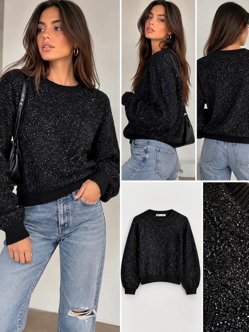 Women's Black Sparkle Knit Crewneck Sweater
